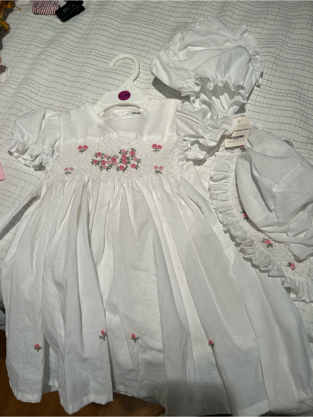 White Smocked Cotton Baby Dress with Pink Rose Embroidery